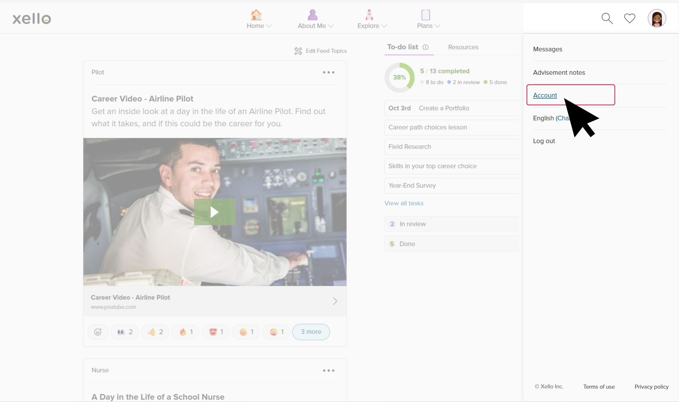 A student's avatar menu is open and the cursor is clicking Account.